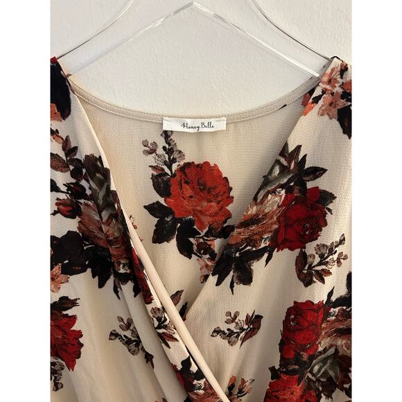 Honey Belle Tan Floral Long Sleeve Surplice Romper Size Small - Picture 5 of 7